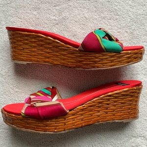 Kate Spade tie silk and rattan wedges